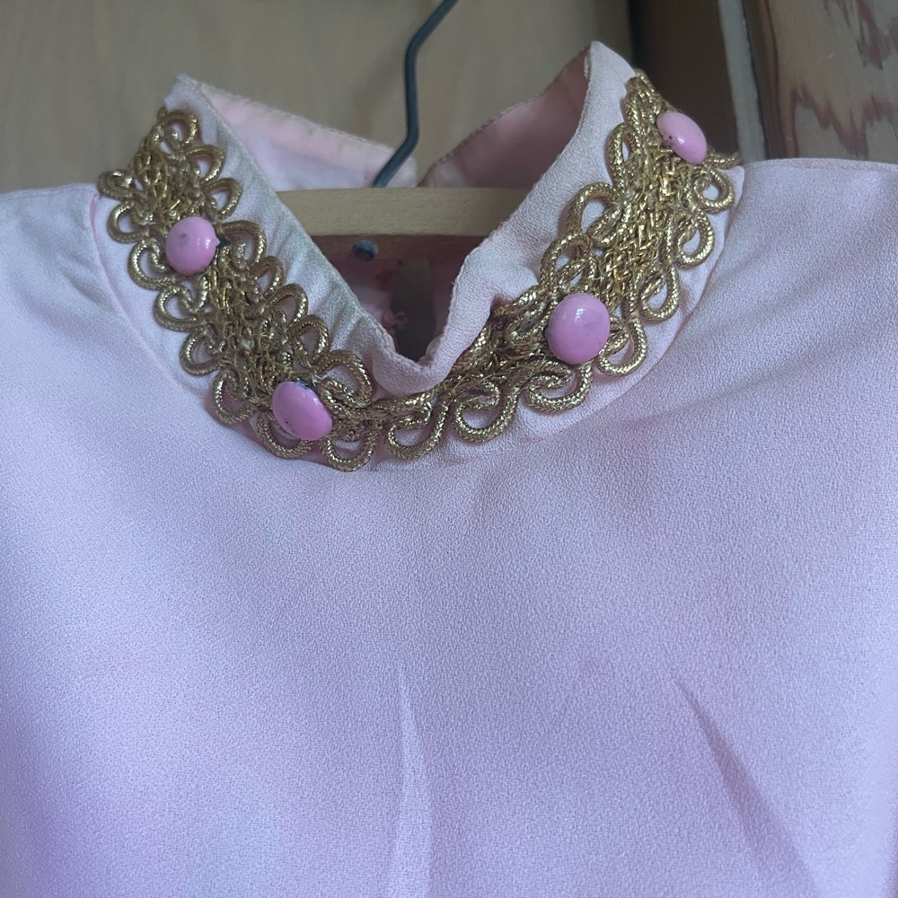 Vintage Formal Pink with Gold Embellished Collar Pleated Wide Leg Jumpsuit